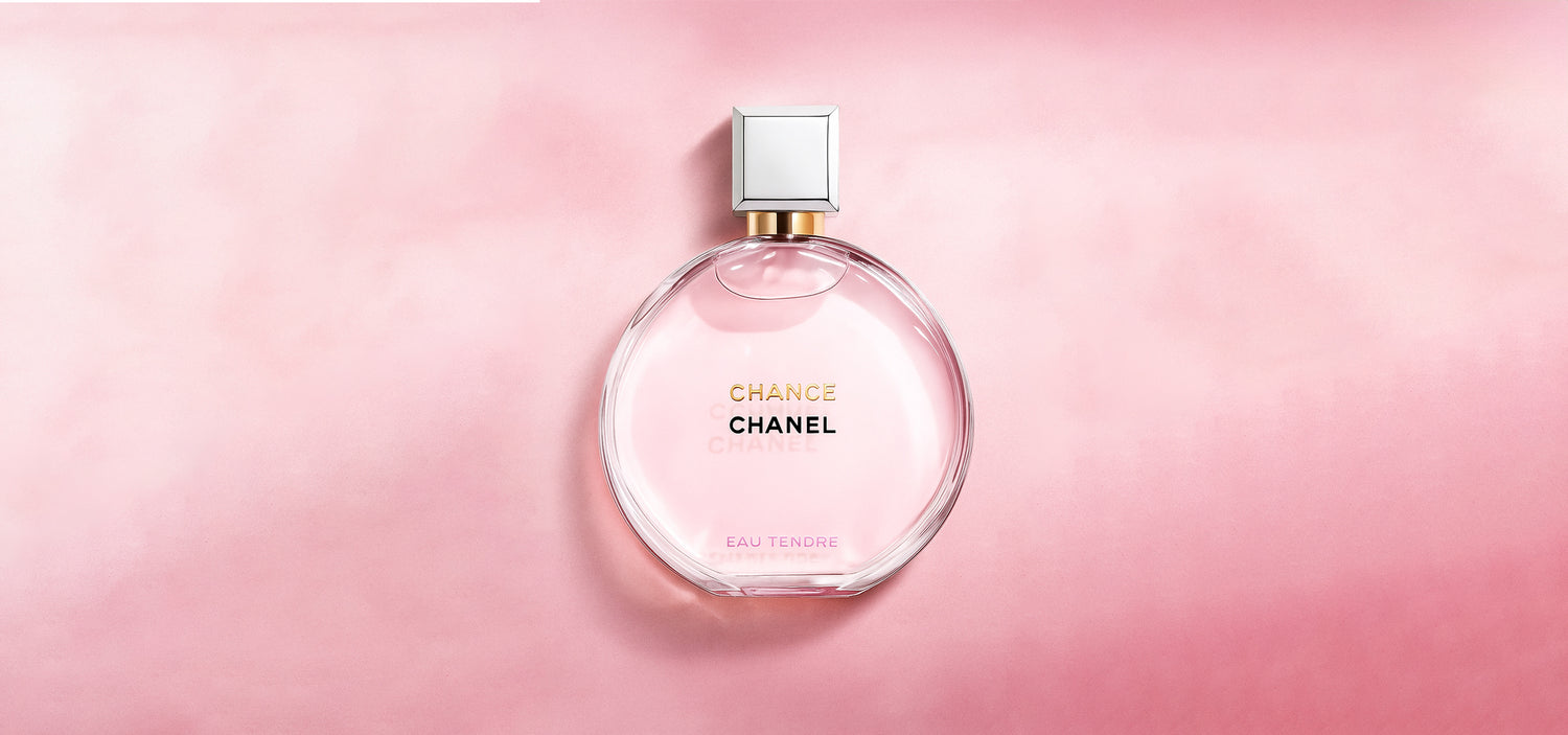 Chanel Chance perfume bottle on a pink gradient background