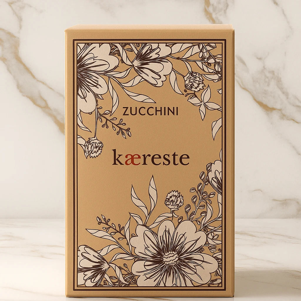 Kaereste zucchini packaging with floral design on a marble background