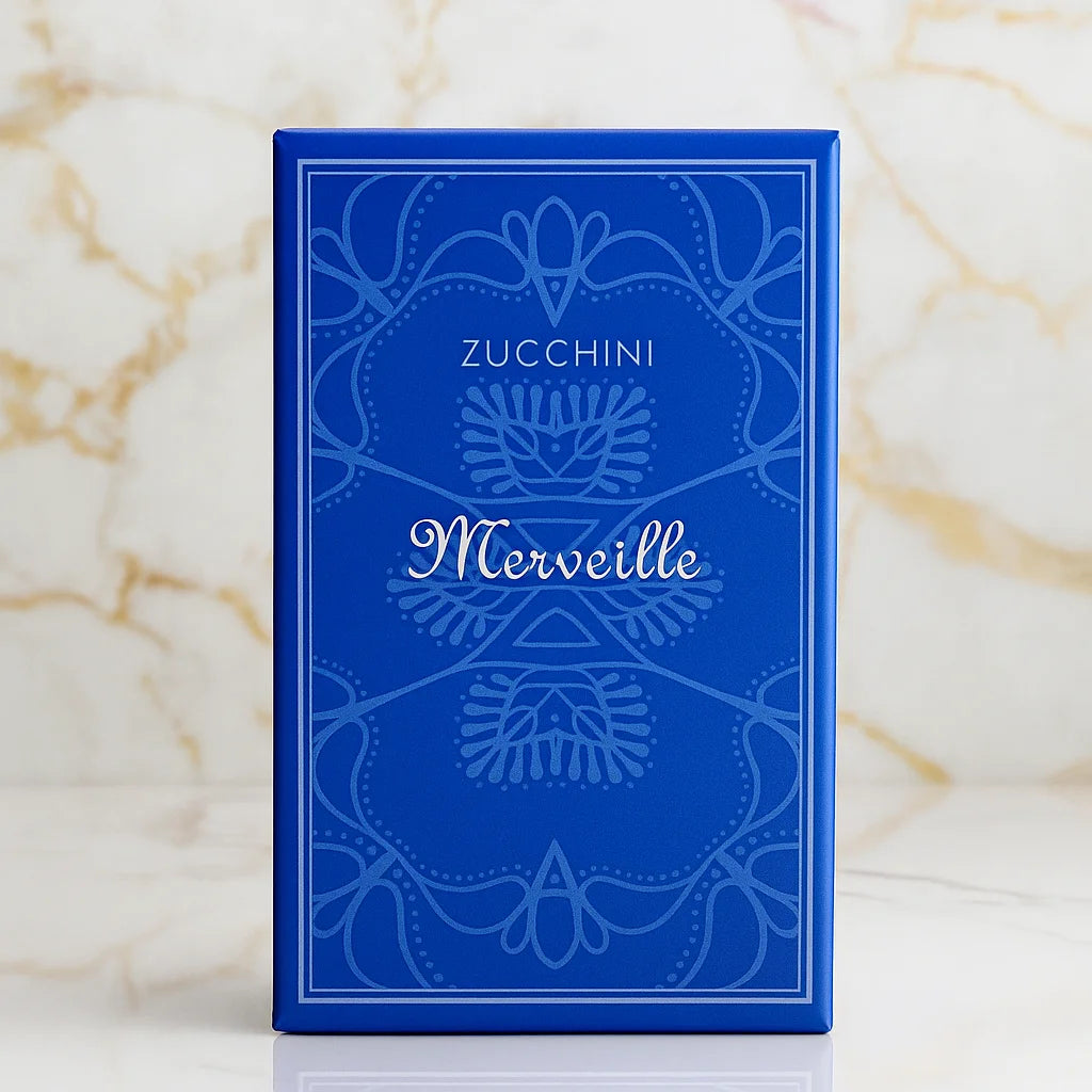 Blue Zucchini Merveille packaging on a marble background