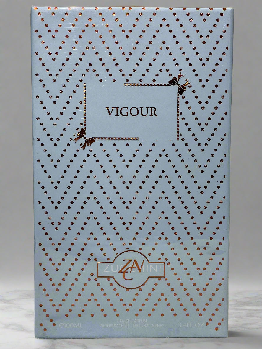 Product packaging with 'Vigour' and 'ZVN' branding on a textured surface