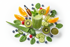 Fresh fruits, green juice, or clean skincare ingredients